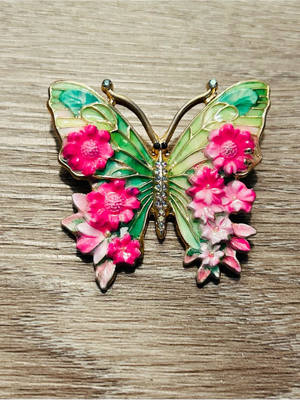 Floral Butterfly Enamel Brooch in Green and Pink